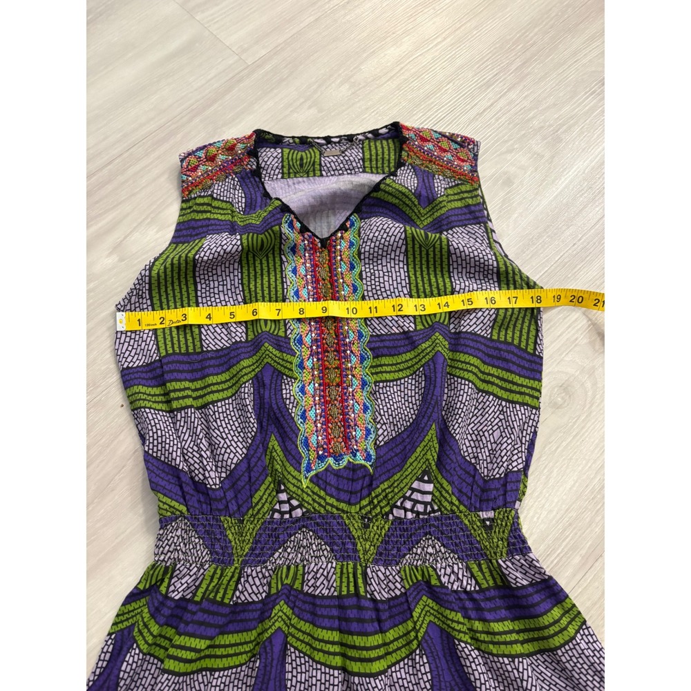 Custo Barcelona Mini Dress Women Purple Green Mosaic Print Beaded Smocked Size 1 - Picture 9 of 16